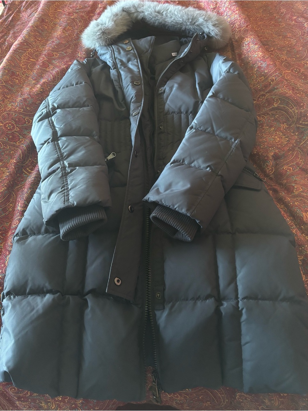 Pajar - like new Long Puffer Coat with Faux Fur Hood - Slate Gray